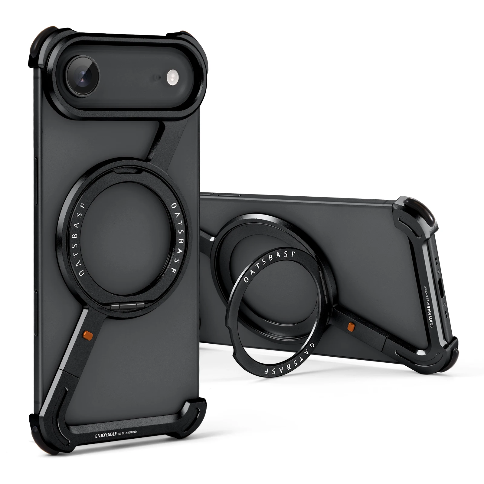 Oatsbasf Metal Frameless Phone Case with 360° Rotatable Ring Stand - Shockproof Bumper Design
