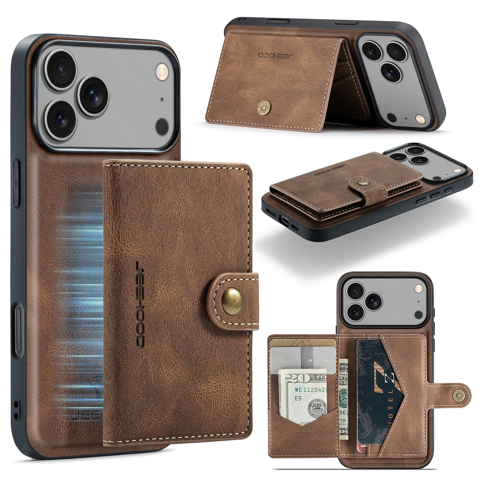 Magnetic Detachable Leather Wallet Case with Card Slot and Phone Holder