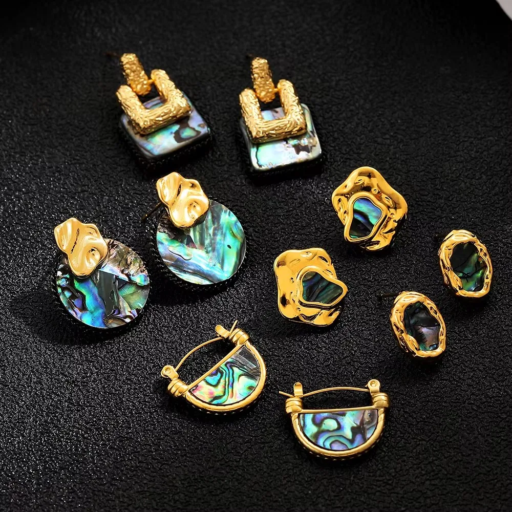 Fashion Natural Abalone Shell Ear Stud Geometric Hoops Huggie Earrings Rotatable Rings Cross Pearls CZ Jellyfish Choker Necklace