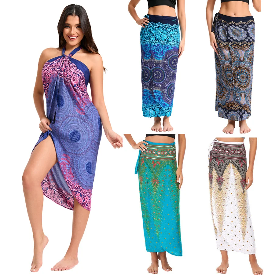 Women’s Boho Maxi Wrap Long Skirt Tie Up Beach Cover Up Dress Vintage Bohemian Adjustable High Waisted Holiday Rayon Dress 1