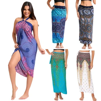 Women’s Boho Maxi Wrap Long Skirt Tie Up Beach Cover Up Dress Vintage Bohemian Adjustable High Waisted Holiday Rayon Dress 1