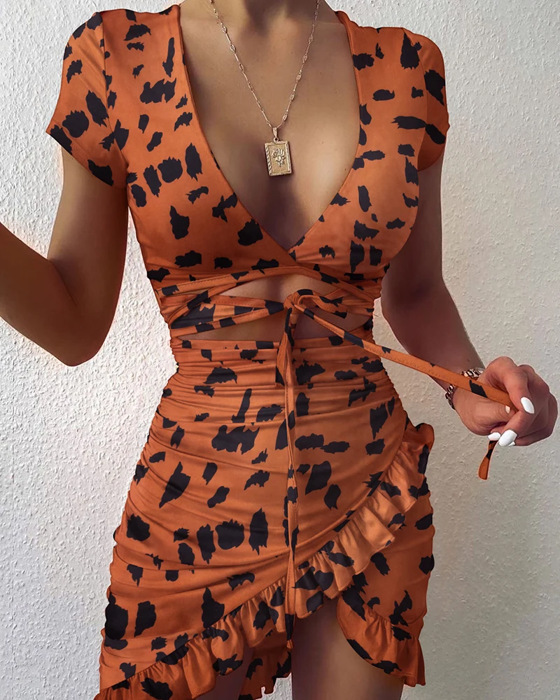 

Leopard Print Print Fashion Tie Up Wrap Mini Dress 2022 Summer Holiday Ruffles Sundress Ruched Women's Dress Short Sleeve