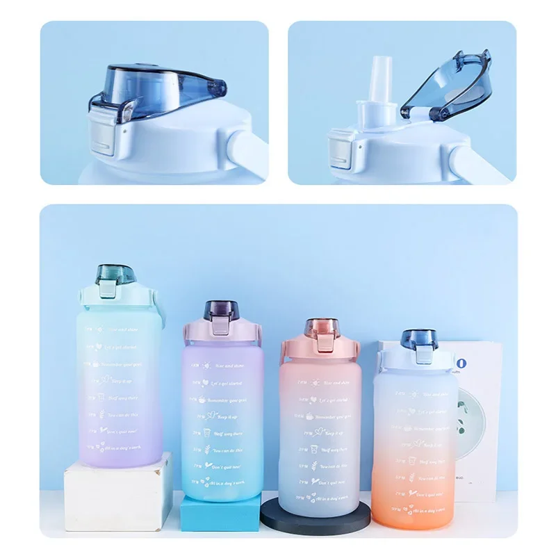 2L Large Capacity Water Bottle Straw Cup High Temperature Plastic Water Cup Time Scale Frosted Outdoor Sports Student Couple