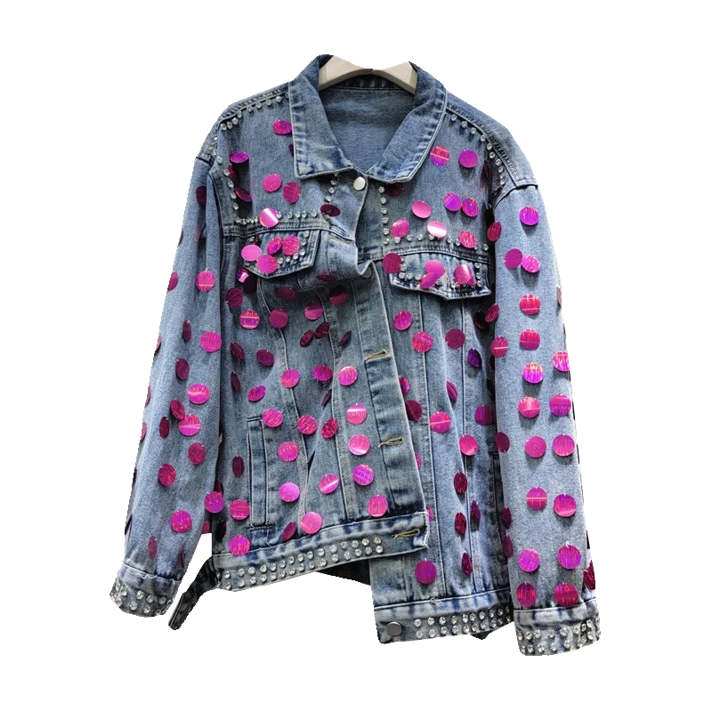 2024 Spring New Heavy Industry Design Handmade Sequin Decoration Loose All-Match Long Sleeve Denim Coat Jacket for Women