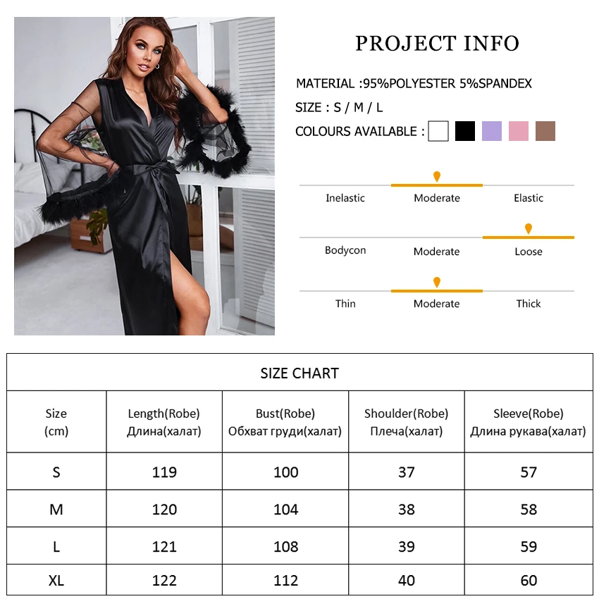 Women Dress Women Sleepwear Silk Robe Sleepwear Pajamas Hiloc See Through Satin Pajamas With Feathers Robes Patchwork Sexy Robe Long Flare Sleeves Sleepwear