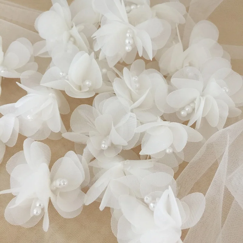 Sewing Patches Clothing Accessories Clothing Craft Accessories 10PCS 3D Pearl Flower Chiffon Patches DIY Applique Cloth Dress Wedding Hairpin Headdress Decor