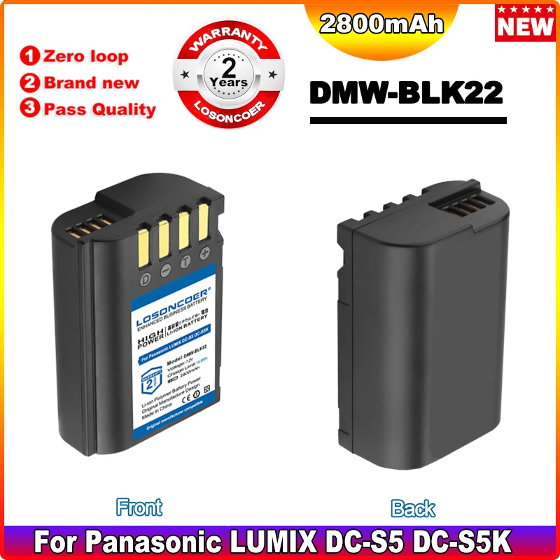 

Original LOSONCOER DMW-BLK22 DMWBLK22 BLK22 2800mAh Battery For Panasonic Lumix DC-S5 DC-S5K GH5 GH5S G9 DC-S5KGK