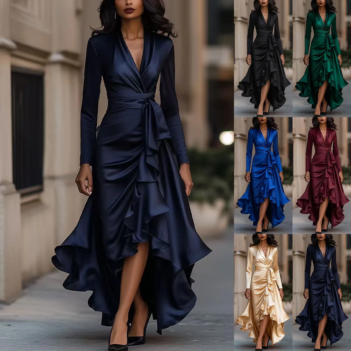 Sexy V Neck Long Sleeve Slash Ribbon Ruffle Trumpet Party Long Dress Spring Autumn Ruffle Irregular Vestidos SZE-5580