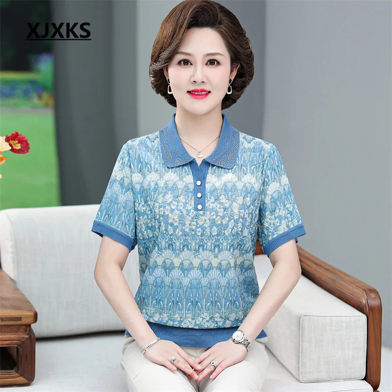 

XJXKS 2022 Summer New Loose Large Size Women's T-shirt Casual Middle-aged And Elderly Mother's Lapel Short-sleeved Top