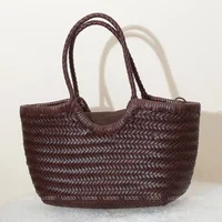 Handbags Women's Genuine Leather Shoulder Bag Weaving Casual Shopping Bag Vintage Big Tote Purse Cowhide Cross Hand Bags Lady - Image 2