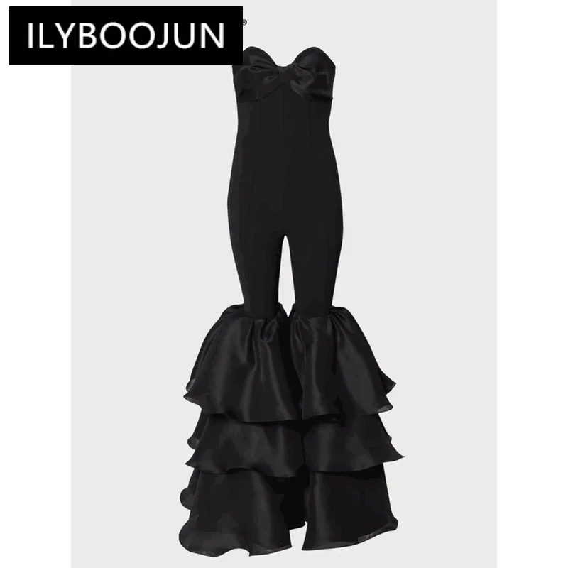 

ILYBOOJUN однотонные Лоскутные Многоярусные оборки стройнящие шикарные комбинезоны для женщин без бретелек без рукавов