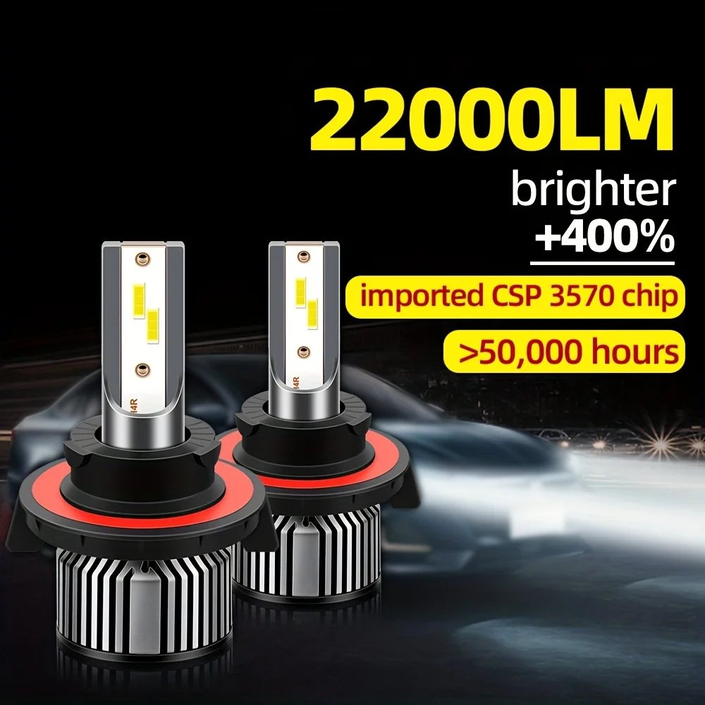2pcs Bright LED H13 9008 High-Low All in One Bulbs 22000LM High Power 3570 CSP Chip 50000hrs Lifespan Plug-N-Play for Vehicles