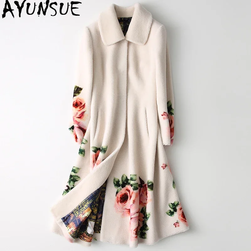 

AYUNSUE Sheep Shearling Real Fur Coat Winter Jacket Women 100% Wool Coat Female Print Korean Long Jackets Manteau Femme MY4211