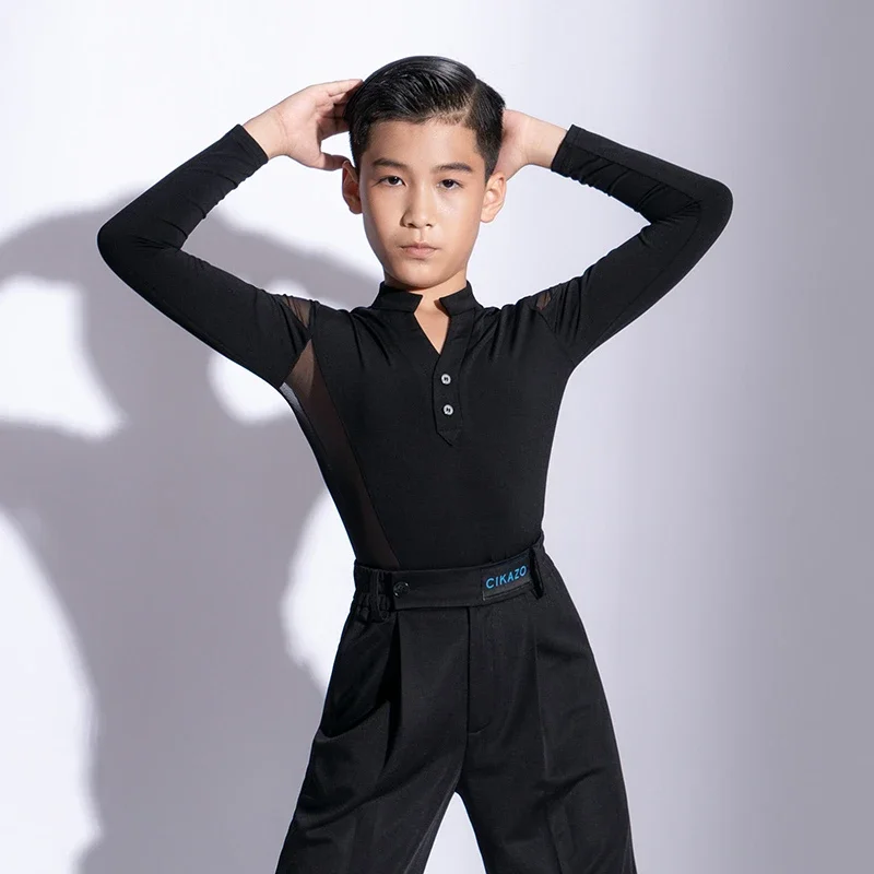 Dance Shirts Kids Boys Latin Dance Clothes Mesh Long Sleeve Male Professional Latino Dance Competition Tops Cha Cha Ballroom Dancewear G5103