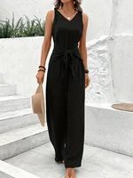 New Elegant Women Solid Jumpsuit Casual Fashion Sleeveless Rompers Office Lady V Neck Jumpsuits - Image 4