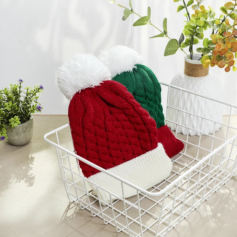 Christmas Knitted Hat Winter Warm Cute Fluffy Ball Santa Hat New Year Kids Gift Navidad Noel Beanie Decor Xmas Party Decor