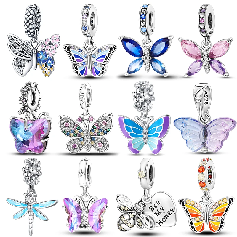 Genuine 925 Sterling Silver Colorful Butterfly Dragonfly Charms Beads Fit Pandora 925 Original Bracelets Fine DIY Jewelry Making