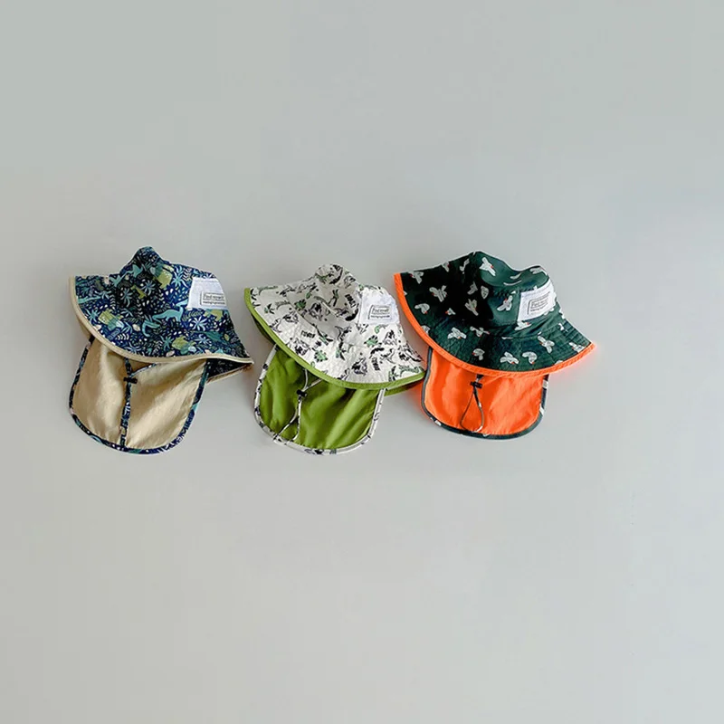 قبعات صيفية للأطفال من الشمس، قبعة صياد لطيفة على شكل رسوم كرتونية للأطفال الصغار مع شال حماية للرقبة، قبعات دلو للأطفال واقية من الشمس في الهواء الطلق