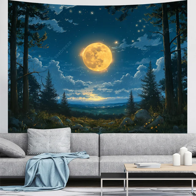 Tapisserie de lune psychédélique, arbre de forêt, tenture murale pour plafond de chambre à coucher, salon esthétique, dortoir d'université, décor Hippie 2