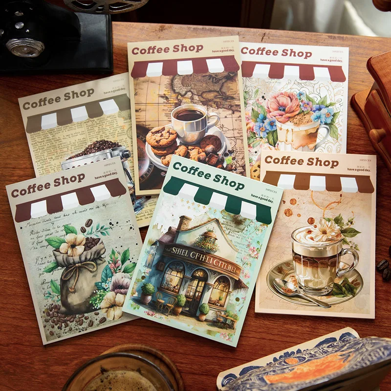 

30pcs/lot Memo Pads Material Paper Vintage The coffee shop Junk Journal Scrapbooking Cards Retro Background Decoration Paper