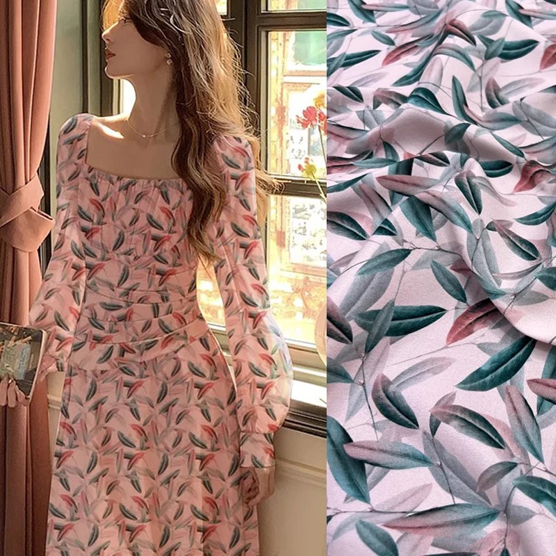 

Quality Leaves Printed Pink Silk Fabric, Perfect for Dresses, 93% Silk & 7% Spandex Crepe de Chine Fabric 140CM Wide D1290