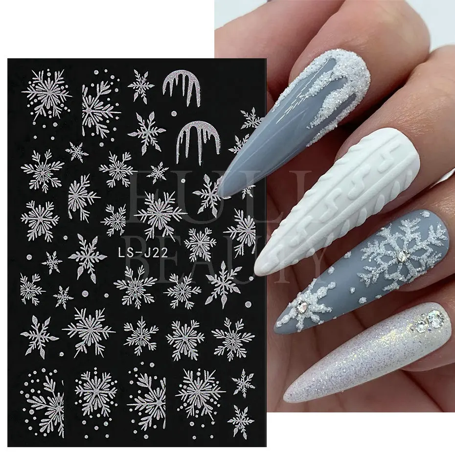 Glitter Christmas 3D Nails Stickers Snowflakes Xmas Elk Winter Snow Sliders Shiny Powder Design Heart French Nail Decals LS-J21 2
