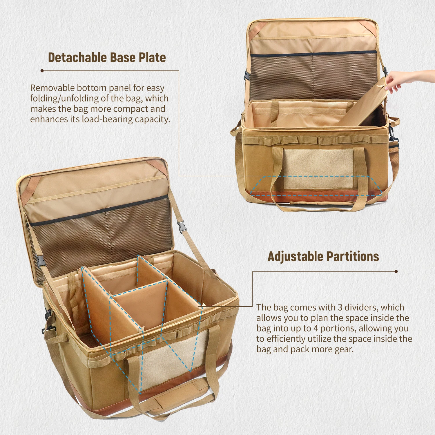 60L Large Camping Storage Bag Collapsible Cooking Trunk Organizer 600D Oxford Fabric, Waterproof Bottom Black//Khaki 3