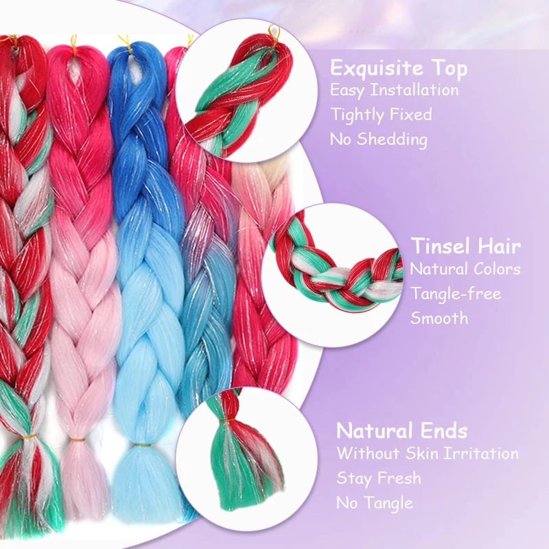 Synthetic Straight Hair Extensions Wig for Braiding Colored Jumbo Braids with Tinsel Hair for Women Kids Christmas&Party Use