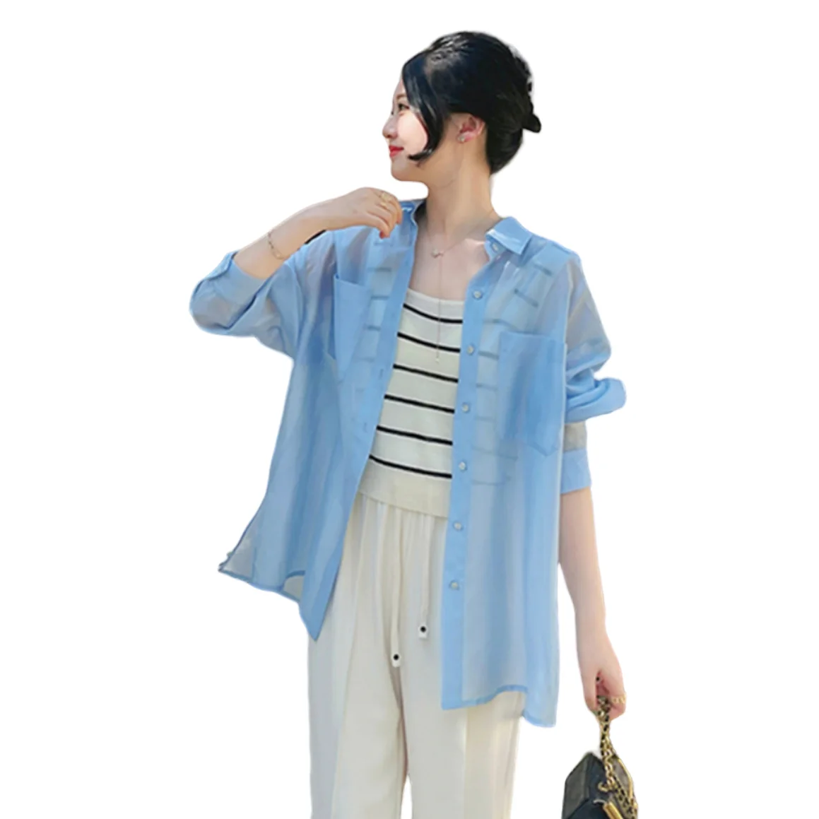 

2023 Summer Loose Cardigan Women Korean Casual Turn-down Collar Lyocell Thin Coat Feminino Ladies Long Sleeve Loose Thin Shirts