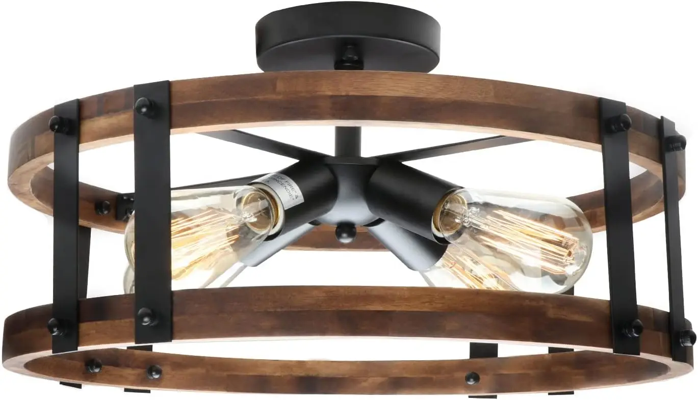 Semi Flush Mount Ceiling Light Fixture, Modern Farmhouse Wood Drum Ceiling Lamp, Rustic Close To Lighting For Hallway