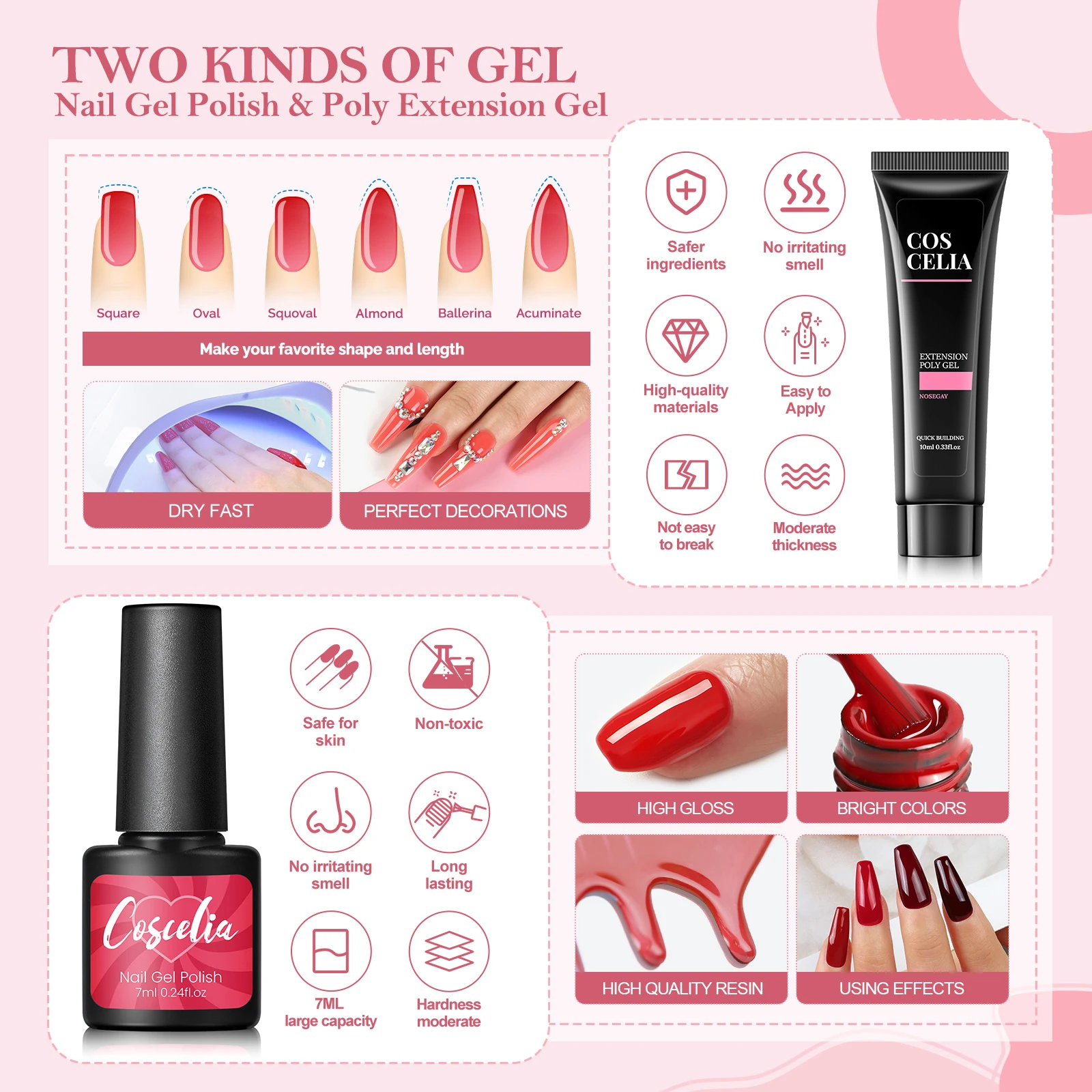 COSCELIA Nail Gel Kit Acrylic Nails Set With UV LED Lamp Dryer Color Gel Polish Kit Soak Off Manicure Tools Set 5
