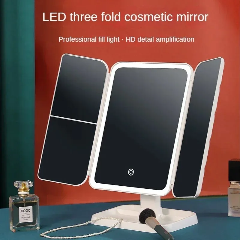 USB Rechargeable Folding Portable LED Makeup Mirror Touch Screen Dimming Handheld With 3X Magnifying Travel Cosmetic Mirrors