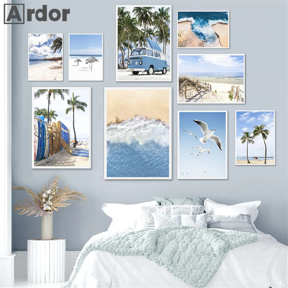 

Blue Bus Surfboard Painting Poster Sea Beach Canvas Print Coconut Tree Wall Art Seagull Posters Nordic Wall Pictures Home Decor