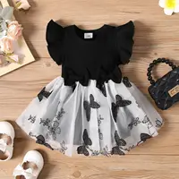 0-3 Years Old Summer New Baby Girl Round Neck Flying Sleeve Bow Design Stitched Mesh Fashion Casual Dress 1