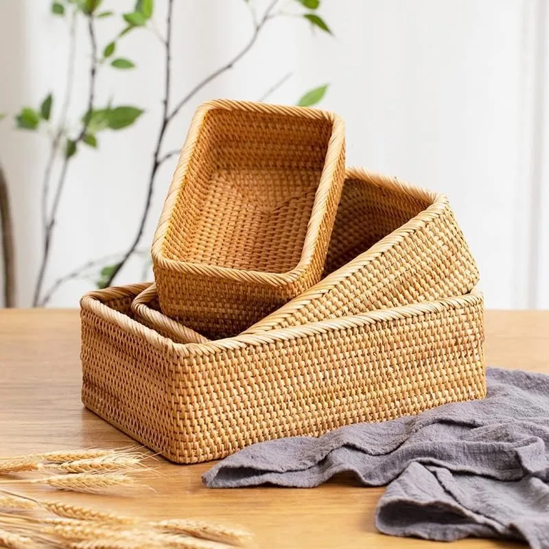 Natural Rattan Storage Baskets, Rectangular Woven Fruit Baskets, Wicker Decoration and Organizer for Bathroom, Living Room 4