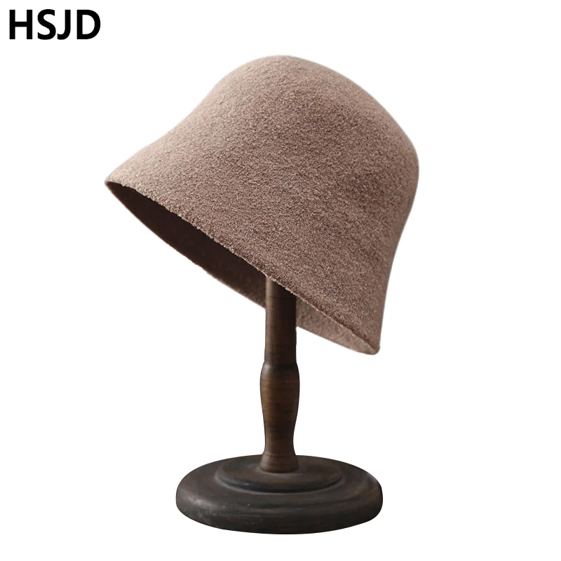 

Autumn Winter Warm Floopy Wool Felt Dome Bucket Hats For Women New Vintage Bucket Bowler Hat Solid Wide Brim Foldable Fedora Hat