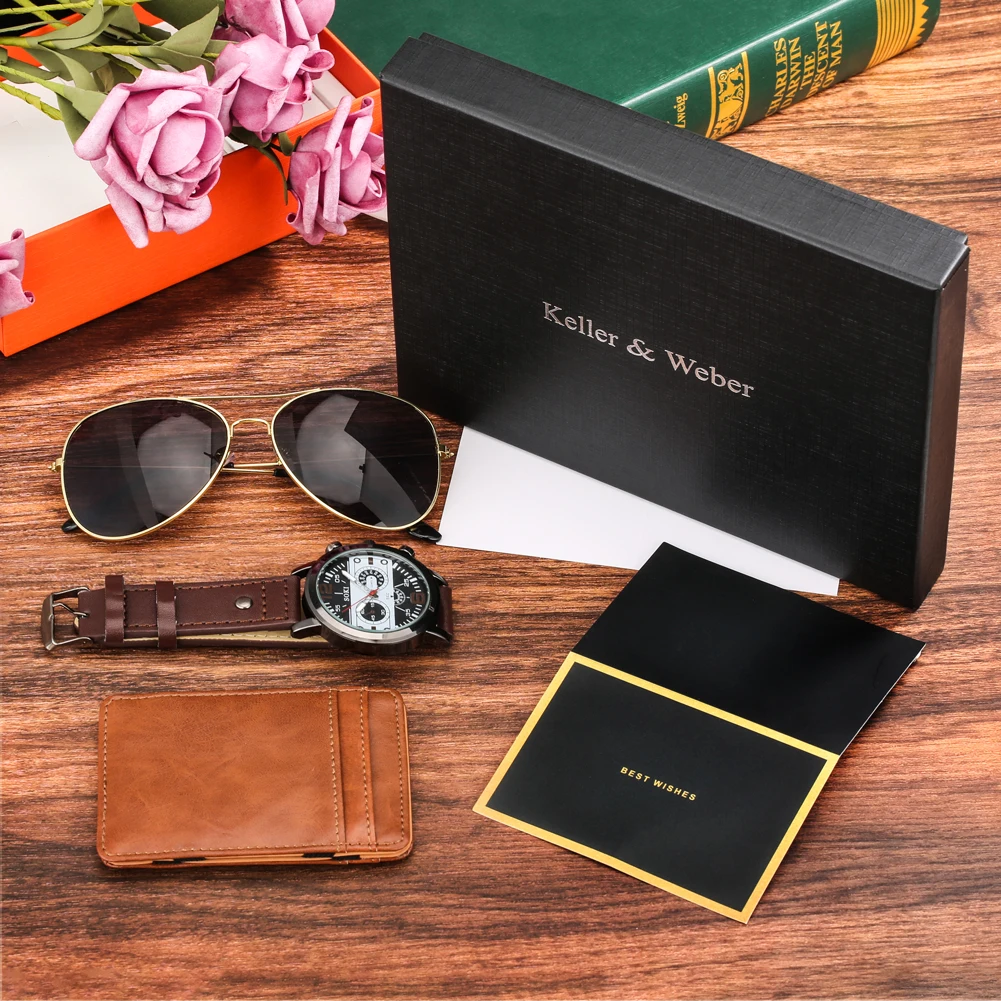 Watch for Men Luxury Business Quartz Wristwatch Black Gifts for Men Husband Boyfriend Sunglasses Card Holder Relogio Masculino