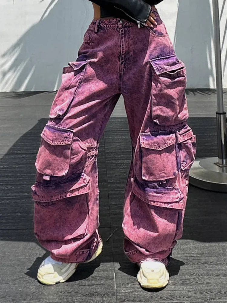 New Design Multi Pocket Cargo Jeans Women Fashion Pink Pants Cargo
