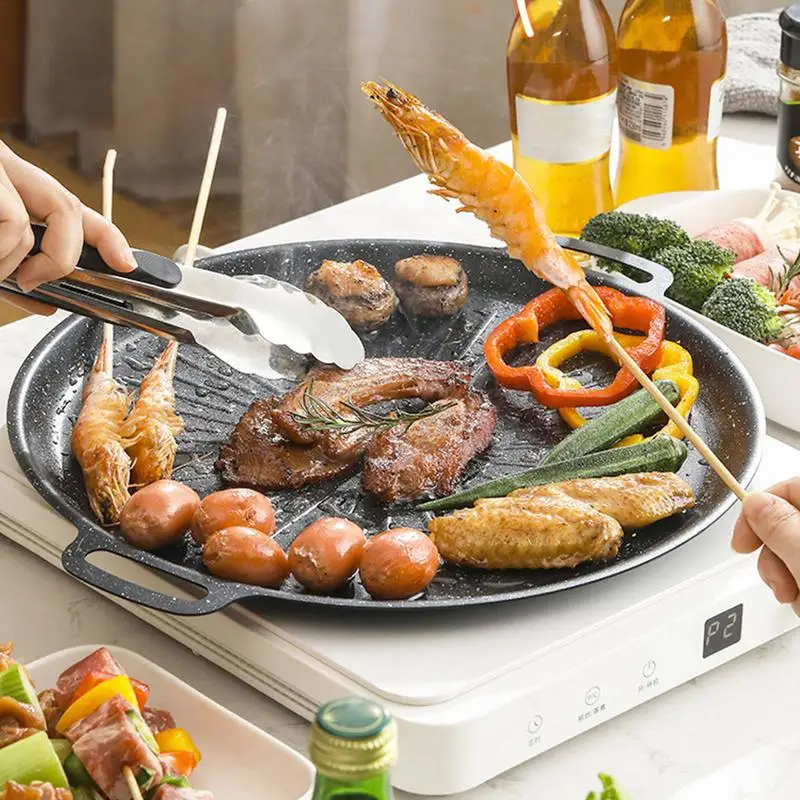 BBQ Grill Pan Korean Round Pots Outdoor Camping Bakeware Tray Thick Cast Iron Barbecue Frying Pan Kitchen Non-stick Cooker kitchen utensils camping cookware camping cookware set bbq grill pan