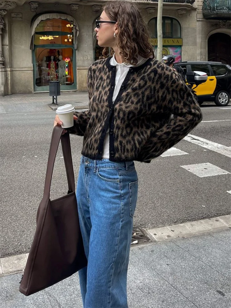 Suéter tipo cárdigan de leopardo para mujer, con estampado de moda en contraste, holgado, de manga larga, para ir al trabajo, cárdigan de otoño para mujer