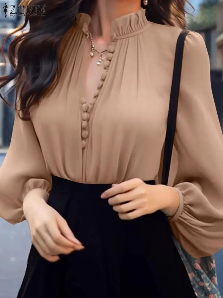 ZANZEA-قمم فانوس طويلة الأكمام ، قميص فضفاض برقبة...