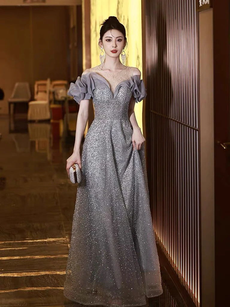 

Gray Shiny Evening Dresses Off The Shoulder Beading Long Glitter Boat Neck Backless Lace-up Celebrity Party Prom Gowns New