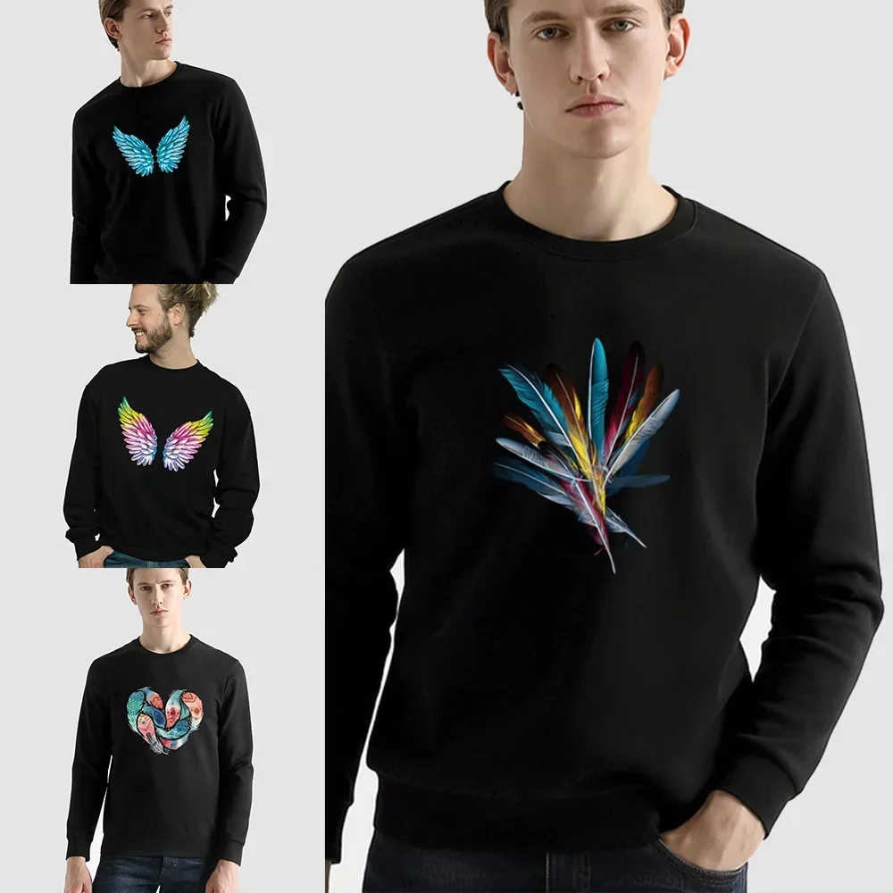 

Men Black Pullover Casual Long Sleeve Sweatshirt Warm Color Feather Print Series O-neck Fall/Winter Polyester Commuter Clothing