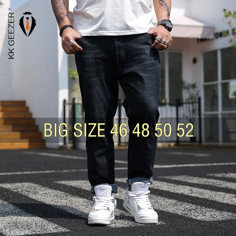 Jeans Men Black Straight Cotton Denim Pants Office Casual 46 48 50 52 Oversize