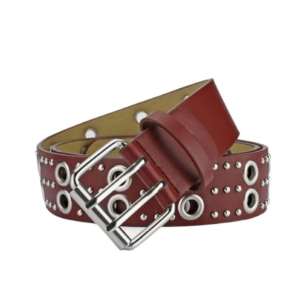 

Punk Hollow Rivet Waistband Fashion PU Leather Hip Hop Style Waist Belt High-quality Double Row Needle Buckle Belt Versatile