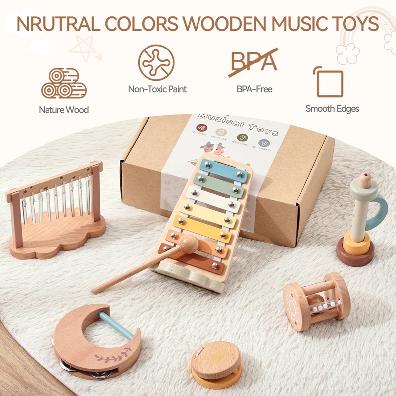 Kids Wooden Montessori Instruments Baby Early Musical Educational Games Interactive Toy Newborn Cloud Design Instrument Set Gift 3