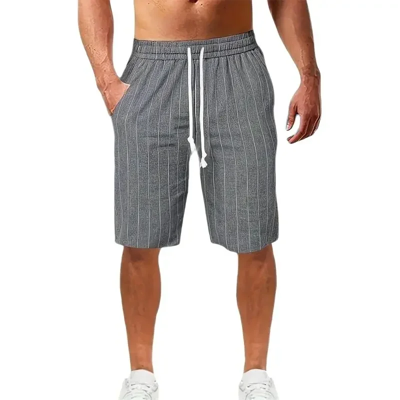 Shorts de linho de algodão masculino, calças curtas esportivas finas, shorts de praia listrados de secagem rápida, corrida e fitness, verão leve