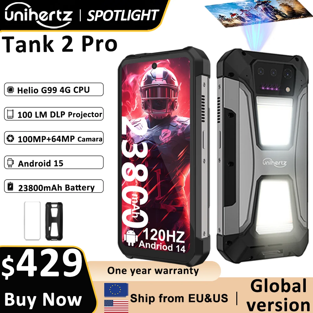Unihertz Tank 2 Pro 8849 견고한 스마트폰(프로젝터 포함) 2.4K 2..