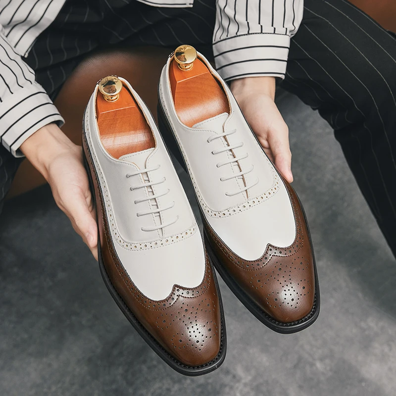 Men Wingtip Detail Dress Shoes Business Two Tone Oxford Shoes For Wedding party