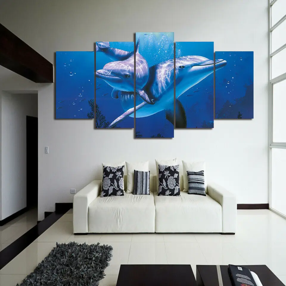 

Dolphins Underwater Ocean Deep Blue Sea 5 Panel Canvas Print Wall Art Home Decor HD Print Pictures Poster No Framed 5 Piece